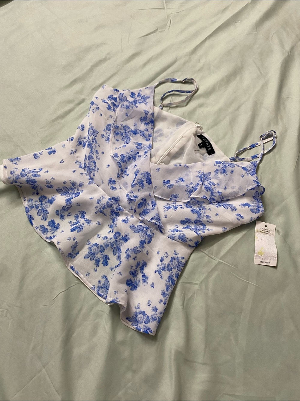 1.STATE Blue Floral Ruffle Cami Top Size Small NWT Romantic Boho Chic Croptop